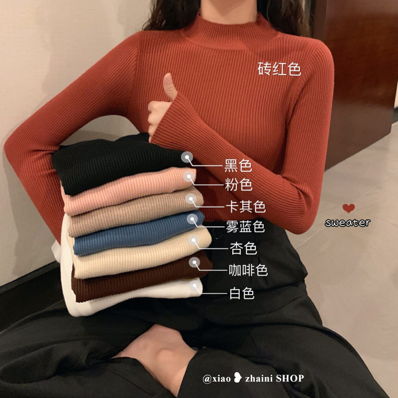 Half-height collar black Undershirt Woman Fall with long sleeves Knitted Cardiovert slim sweater with slim fit 100 lap blouses-Taobao