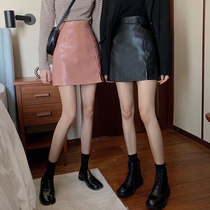 Leather skirt high waisted hip skirt womens split a-shaped half skirt spring and autumn Joker black short skirt crotch slim skirt