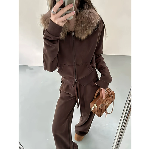 Демисезонная утепленная утепленная толстовка, комплект для отдыха, коричневый ретро спортивный костюм, изысканный стиль, по фигуре