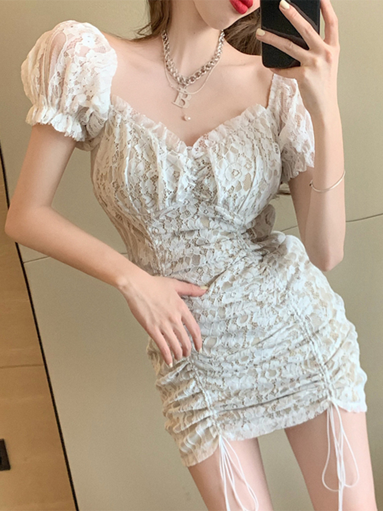 2021 summer sexy lace openwork design sense niche bubble sleeve square collar Slim thin hip dress female