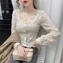 Lace Jersey Woman 2022 Spring Dress New Bubble Long Sleeve Hollowed-out Base Design Sensation Small and short blouses woman
