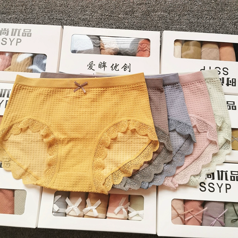 5 hộp quần lót cotton kháng khuẩn cao cấp, viền hông nữ phối ren, quần sịp lưng giữa thắt nơ thoải mái - Giống cái