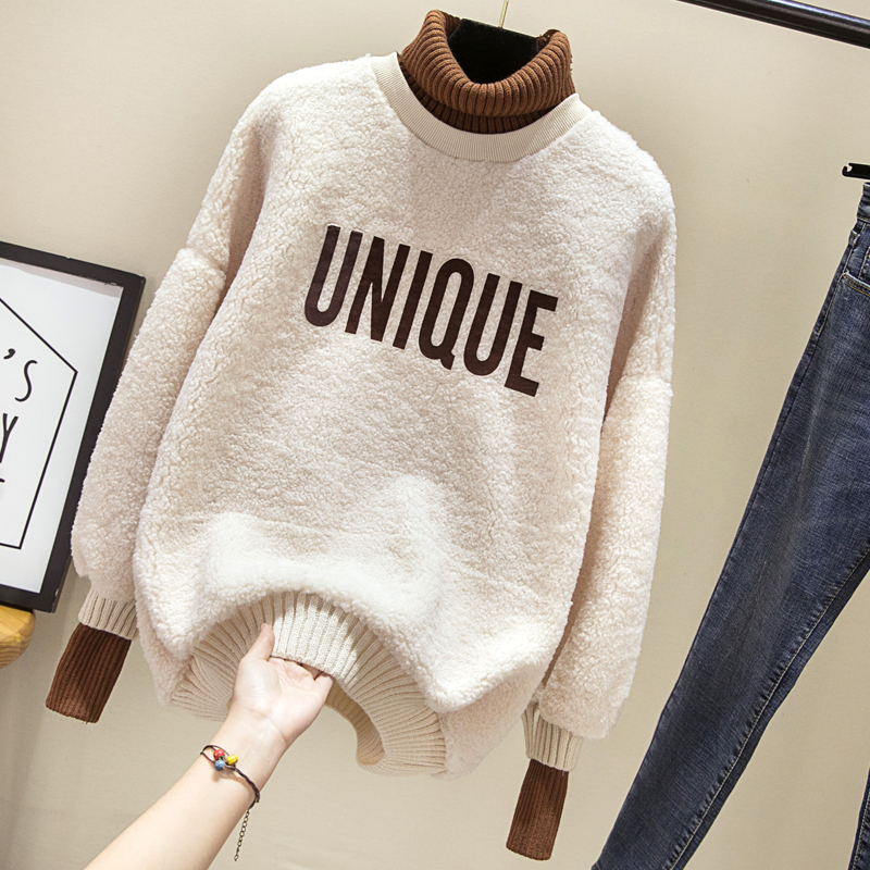 2022 winter clothing new large size women's clothing 200 catty of lamb wool thickened loose clothing and women fake two blouses