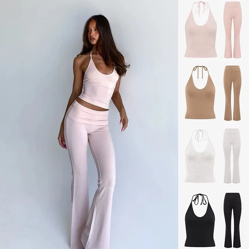 European and American Style Unbranded Lightweight Light Pink Yoga and Pilates Floor-Length Flared Pants with Deep V Halter Neck and Beautiful Back Design