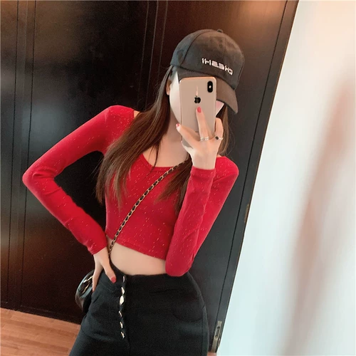 Сексуальный весенний короткий приталенный белый базовый приятный телу лонгслив, высокая талия, V-образный вырез, 2021 года