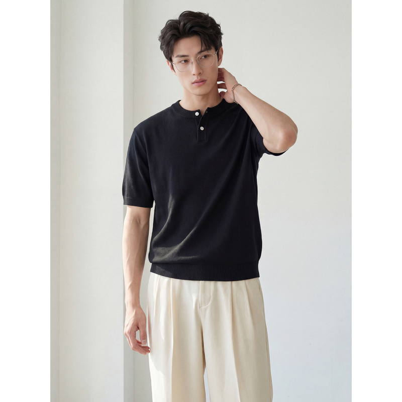 Luud Korean-Style Minimalist Design Henry Collar Knitted Short-Sleeve Men's Ribbed Cuffed Washed Cotton Versatile T-Shirt Top