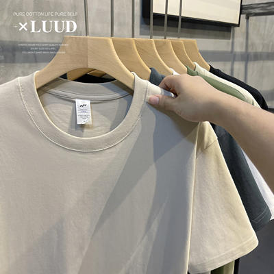 LUUD simple round-neck all-cotton short-sleeved top, Korean-style retro slim solid color base layer, summer versatile T-shirt for men