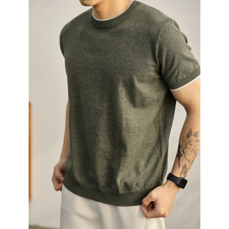 Luud Urban Casual Round Neck Knitted Short-Sleeved Men's Simple and Versatile Top, Comfortable and Skin-Friendly Cotton Slim-Fit T-Shirt