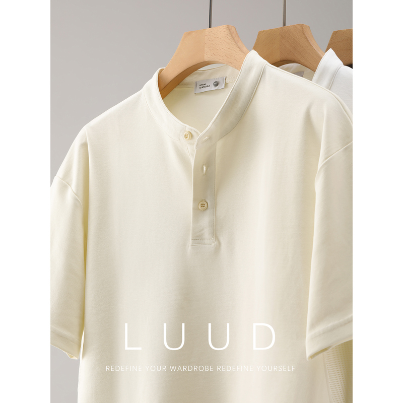 Luud Fashionable and Versatile Minimalist Style Half-Button Henry Collar Short-Sleeve T-Shirt for Men, Summer Hollow Breathable Design Top