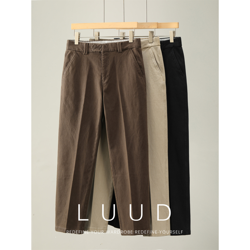 Luud Tencel Lyocell Blend Men's Twill Straight-Leg Casual Pants with Double-Button Fly and Washed Cotton Long Trousers