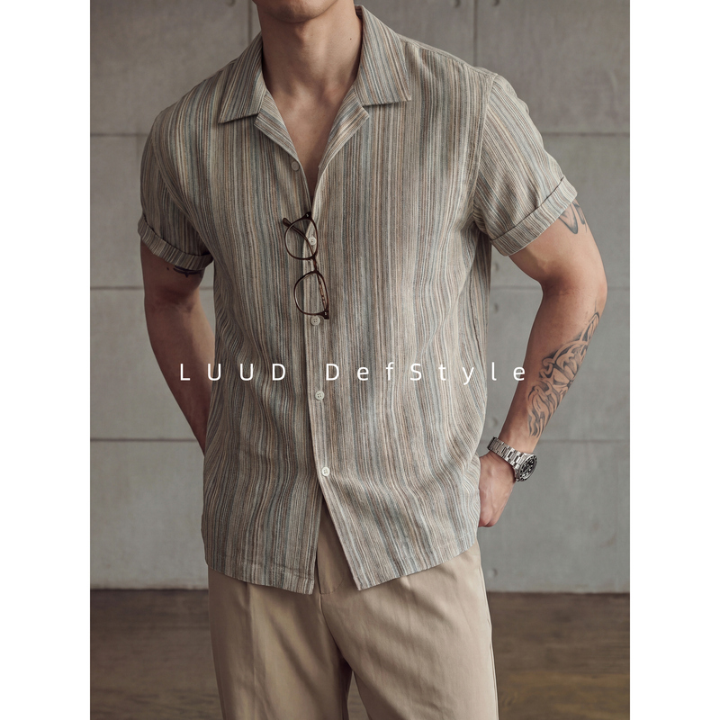 Luud 100% Pure Cotton Yarn-Dyed Striped Short-Sleeve Shirt for Men, Vintage Relaxed Fit Cuban Collar Single-Wear Shirt