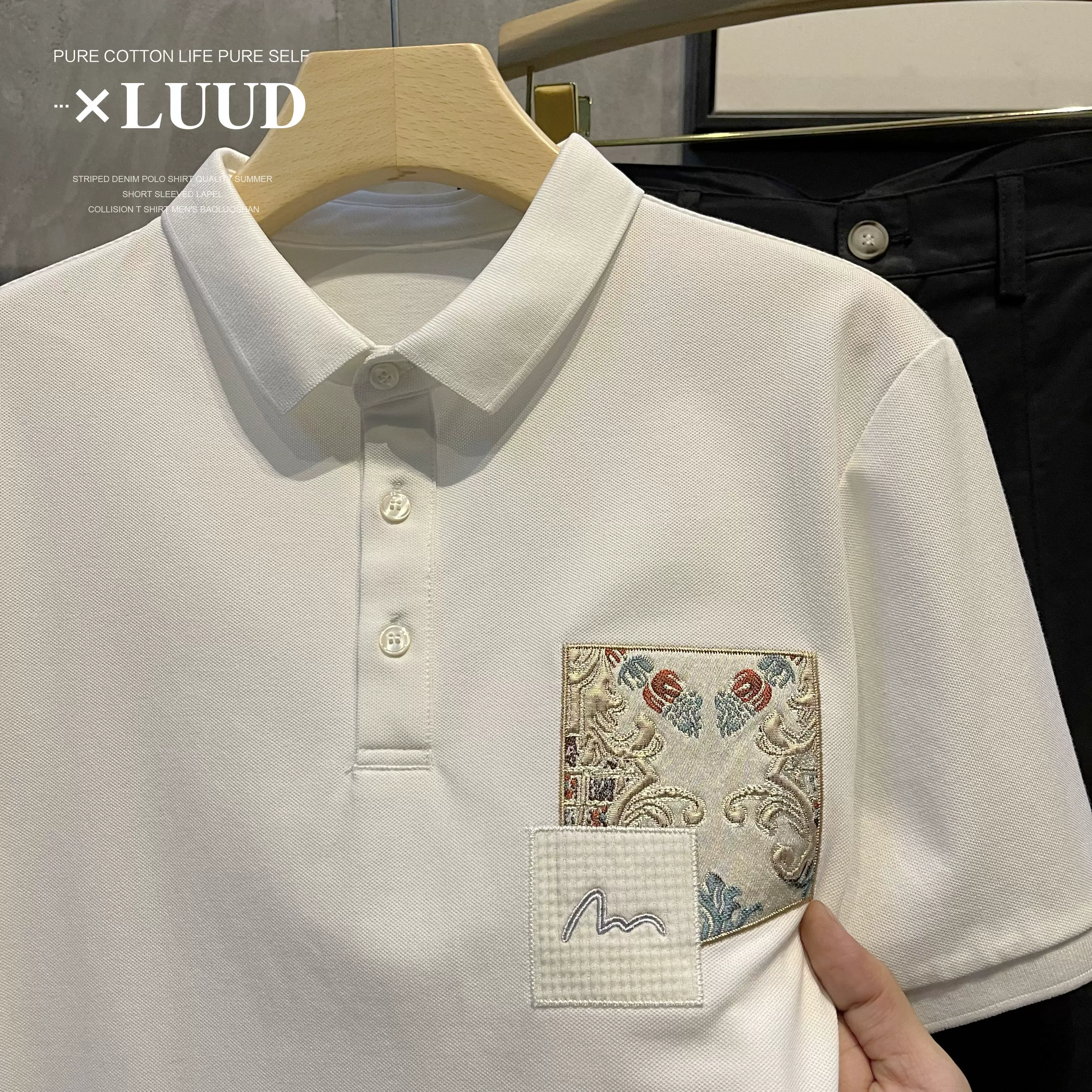 Стильное поло LUUD, дышащая футболка, китайский стиль, с вышивкой