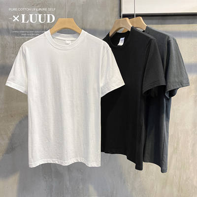 LUUD summer solid-color pure cotton base T-shirt, white men's and women's round-neck half-sleeved slim casual short-sleeved top, trendy