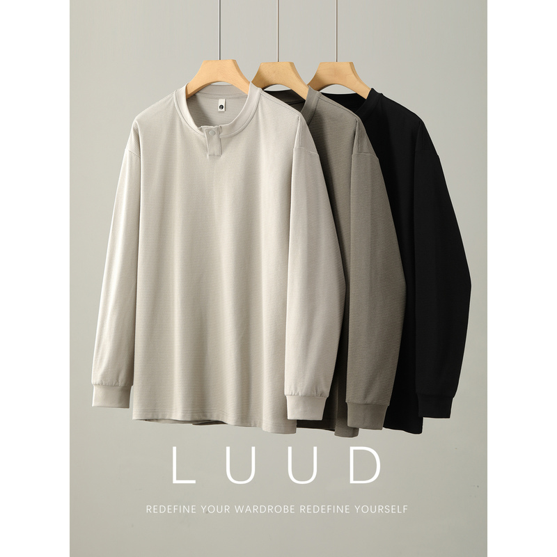 Luud Coarse Knit Horizontal Stripe Textured Henry Collar Long-Sleeve T-Shirt for Men, Spring Fashion Versatile One-Button Crew Neck Sweatshirt