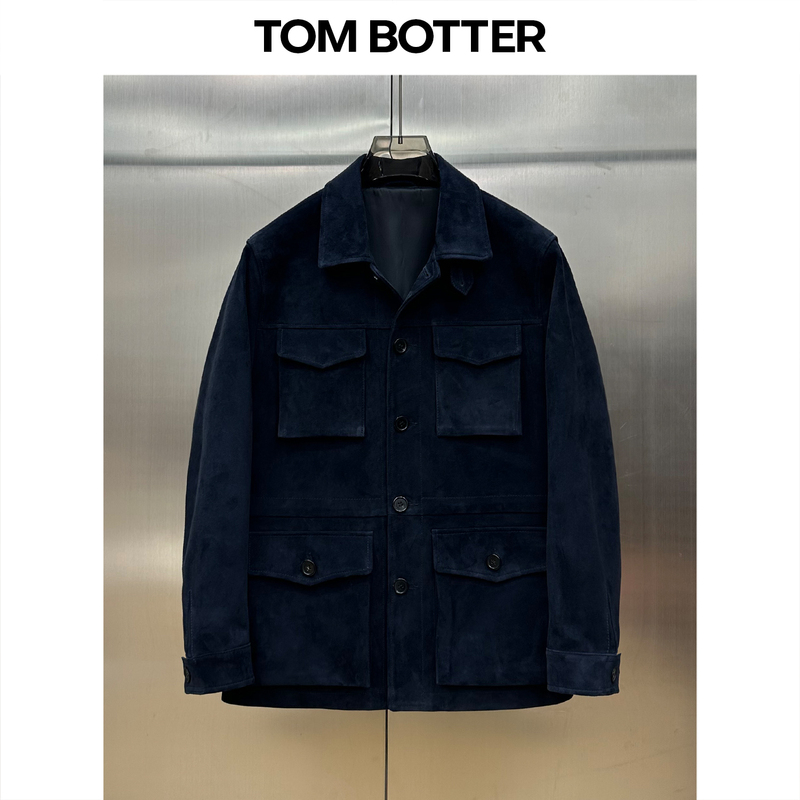Tom Botter Imported Suede Lambskin Jacket Men's Old Money Style Mid-Length Hunting Coat Genuine Leather Jacket