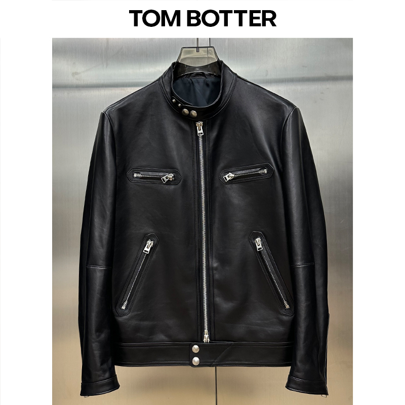 Tom Botter Imported Lambskin Jacket for Men, Short Style, Stand Collar, Fashionable Hong Kong Style Genuine Leather Jacket, Slim Fit Trendy