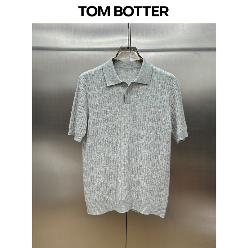 Tom Botter26 Old Money Style Three-Dimensional Cable Knit Polo Shirt for Men, 10% Cashmere 90% Wool, Light Luxury Short-Sleeve T-Shirt
