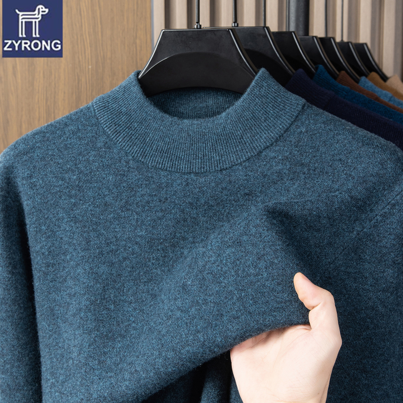New All-Wool Solid Color Men's Half-Turtleneck Sheep Wool Sweater, Thickened and Warm, Business Casual Knitwear for Winter