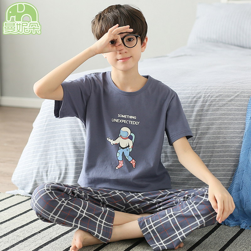 Boy Sleepwear Children Spring Autumn Full Cotton Slim short sleeves Long pants CUHK Summer Pure Cotton Boy Home Conserved Suit