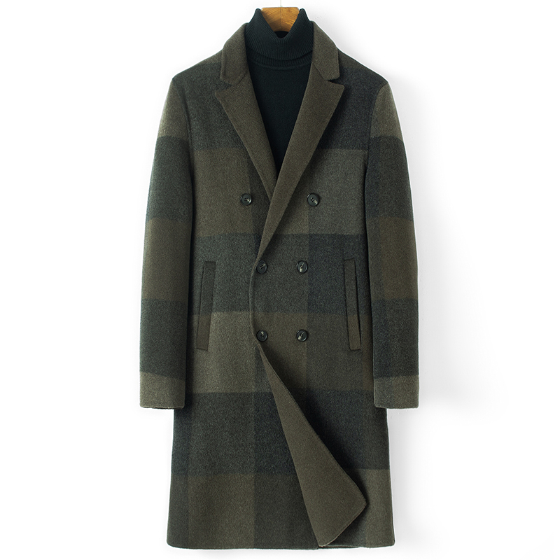 Autumn and winter double-sided cashmere coat men's youth medium and long version slim thickened double-breasted plaid wool coat men