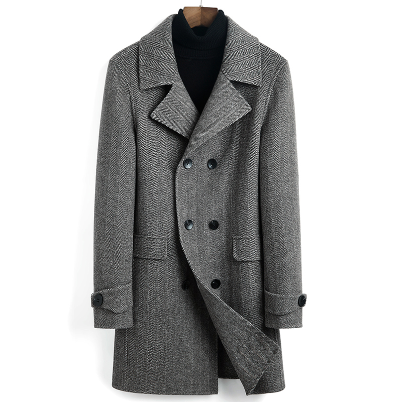 Autumn and winter thick double-sided coat wool cashmere men's double-breasted herringbone lapel medium and long version trench coat jacket