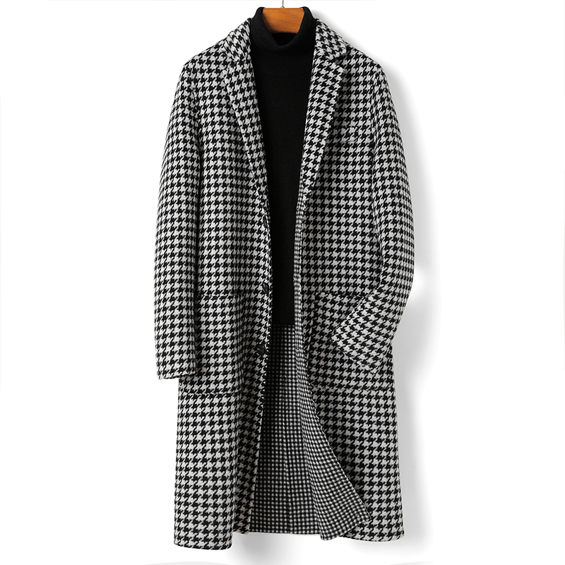 Autumn and winter new men's double-sided wool coat men's single-breasted Houndstooth slim-fit extra-long coat men's clothing