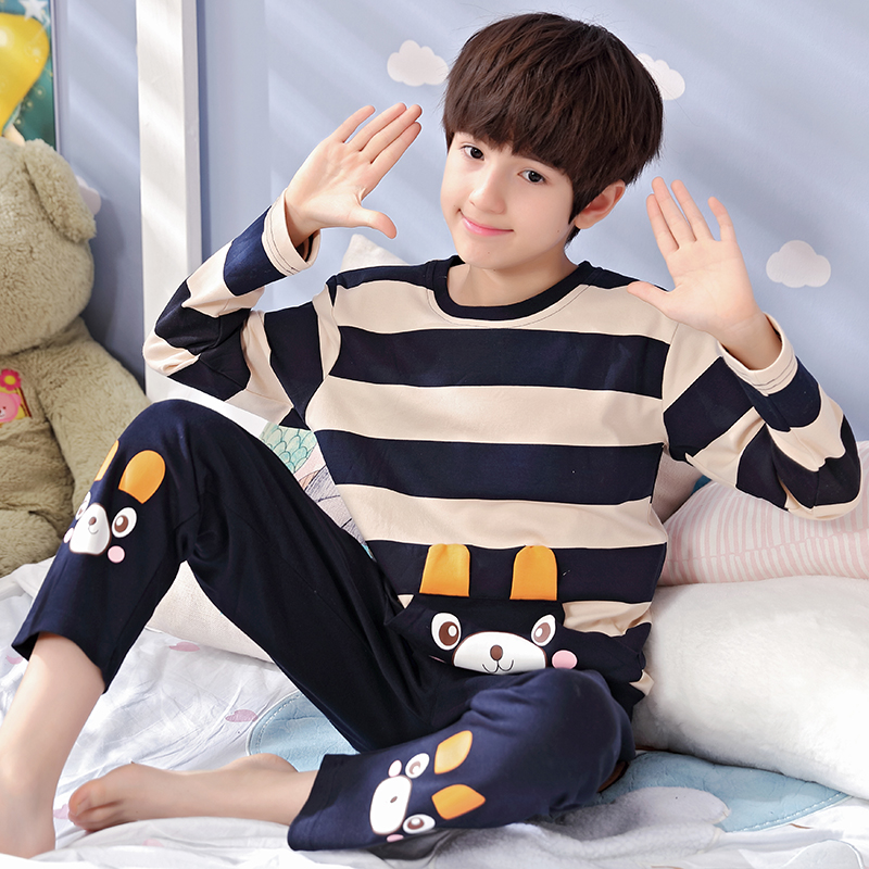 Children's pajamas boys spring and autumn thin cotton long sleeve summer children cartoon striped home clothing set