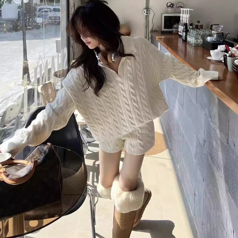 Korean Style Polo Collar Twist Knit Sweater and Shorts Two-Piece Set for Women, Winter Loose Casual Style Knitted Top Fashion Set