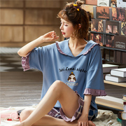 Đại Sông 2020 mùa xuân mới và mùa hè ngắn tay bộ đồ ngủ cotton mỏng womens bông có thể mặc kẻ sọc quần áo về nhà học sinh.