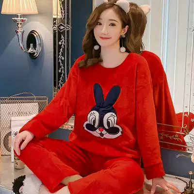 Dai Song autumn winter long sleeve flannel cartoon pajamas women coral velvet plus velvet padded home clothing casual set