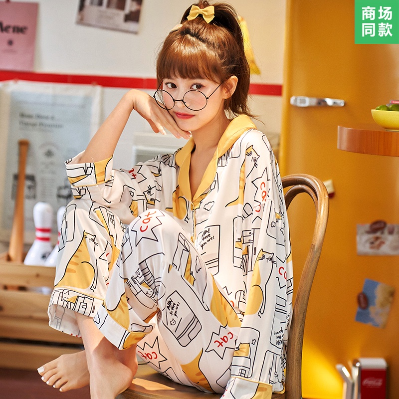 Daisy spring and autumn long-sleeved thin ice silk pajamas women's cartoon simulation silk sweet home wear two-piece suit