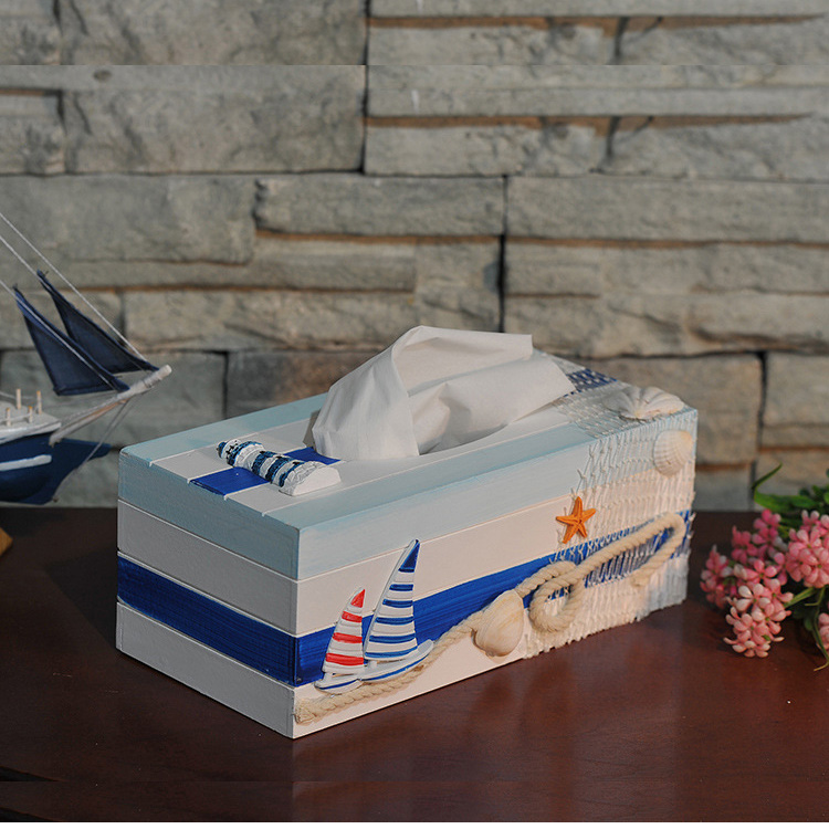 Mediterranean style decorative tissue box Creative living room toilet paper box Wooden European meal Ocean wind ornaments blue