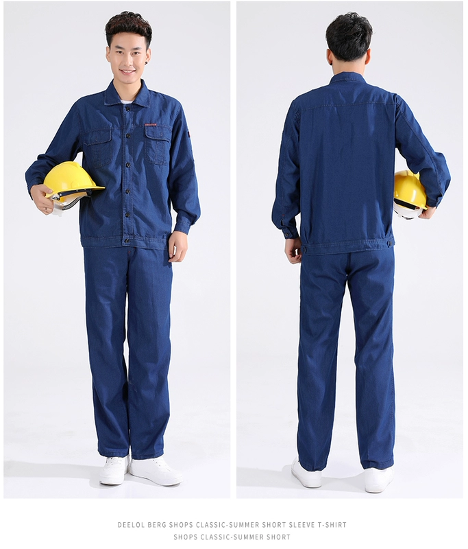 Mùa hè mỏng phần denim quần yếm phù hợp với nam thợ hàn hàn quần áo bảo vệ bông chống vảy dài tay áo quần yếm