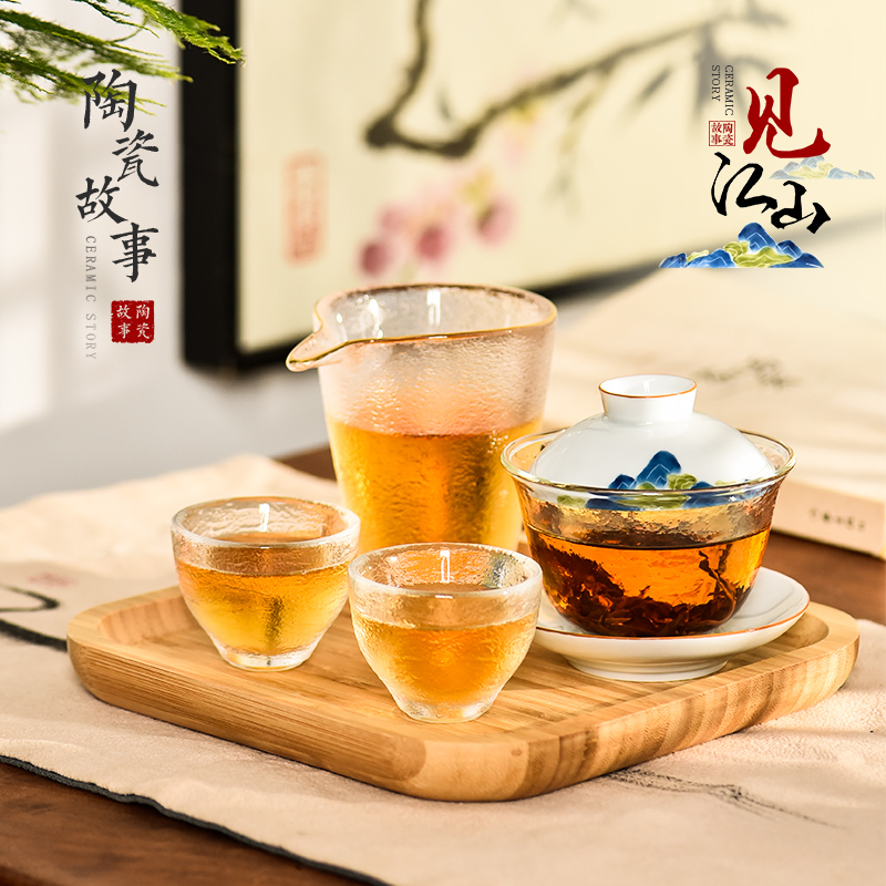 Glass ceramic story tureen single three cups to jingdezhen blue and white tea to use high - end kung fu tea set
