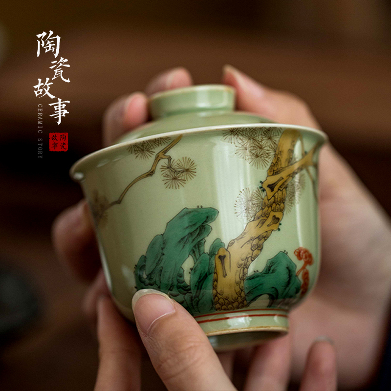 High - end checking hand - made ceramic story town tureen three tureen single pea green glaze not loose tureen