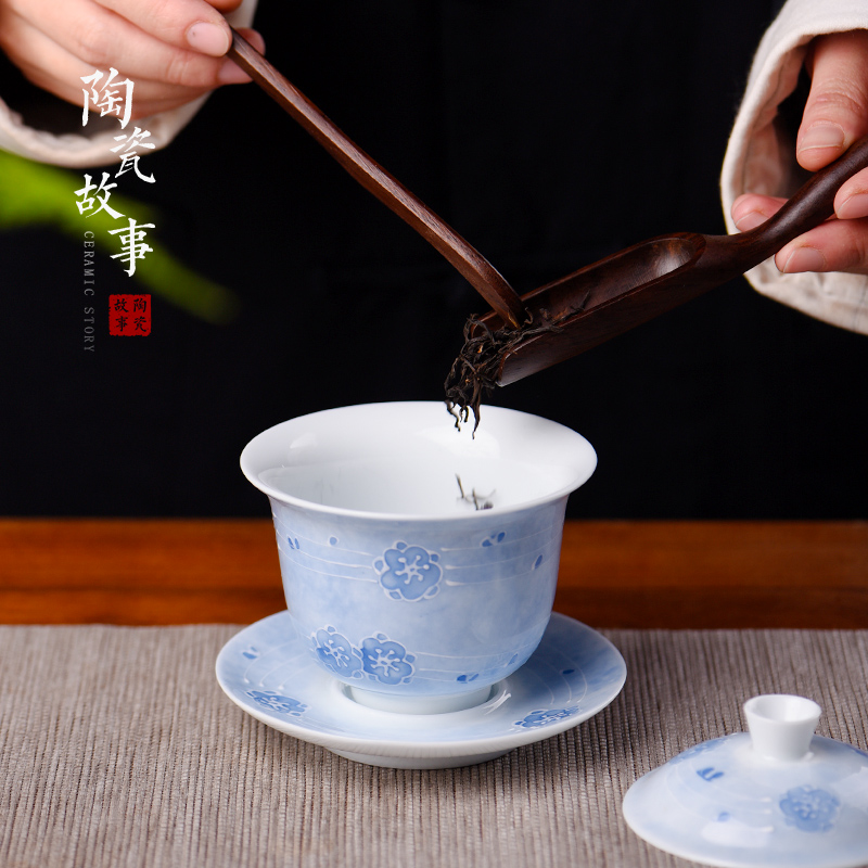 Jingdezhen ceramic story not hot tureen cup kung fu tea set manually high - grade ice name plum three tea bowl