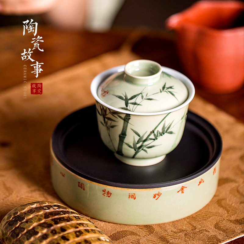 High - end checking hand - made ceramic story town tureen only three tureen single pea green glazed bamboo tureen