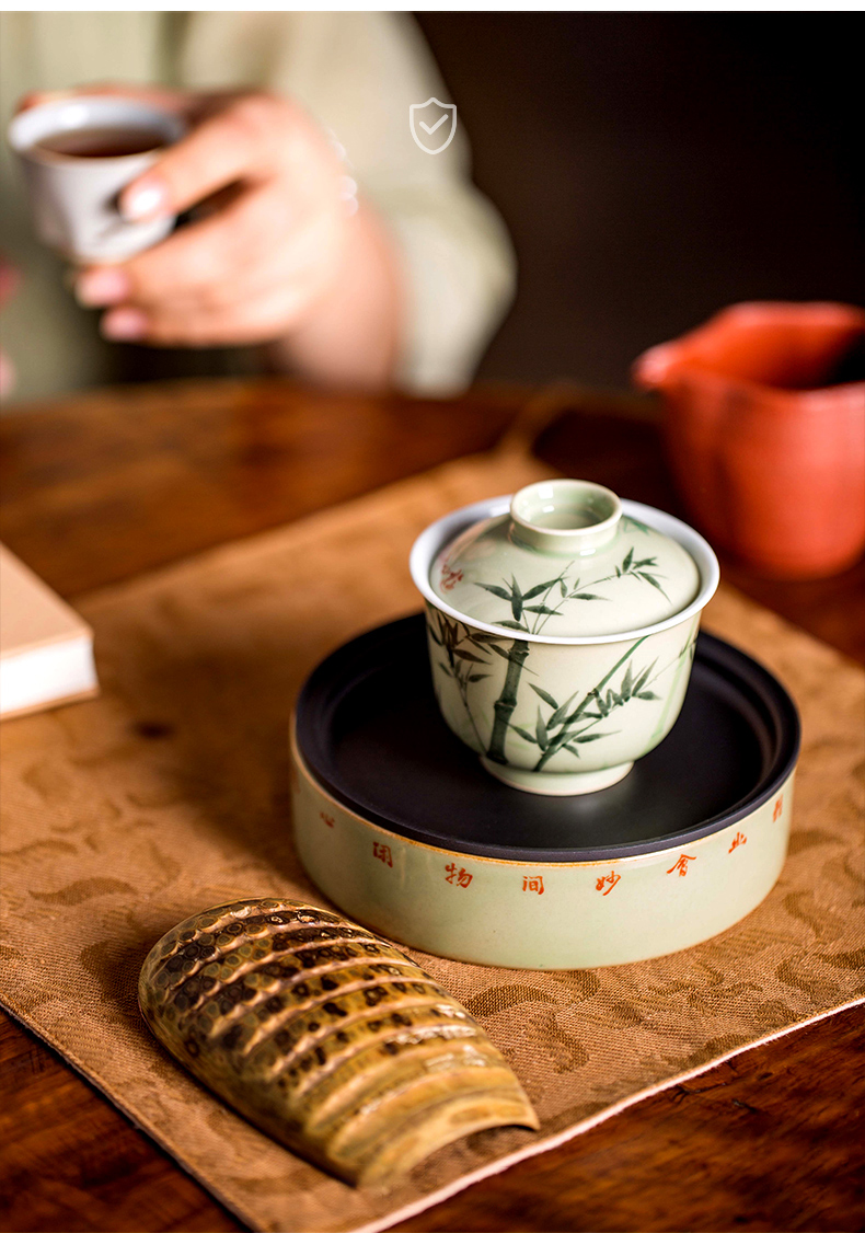 High - end checking hand - made ceramic story town tureen only three tureen single pea green glazed bamboo tureen