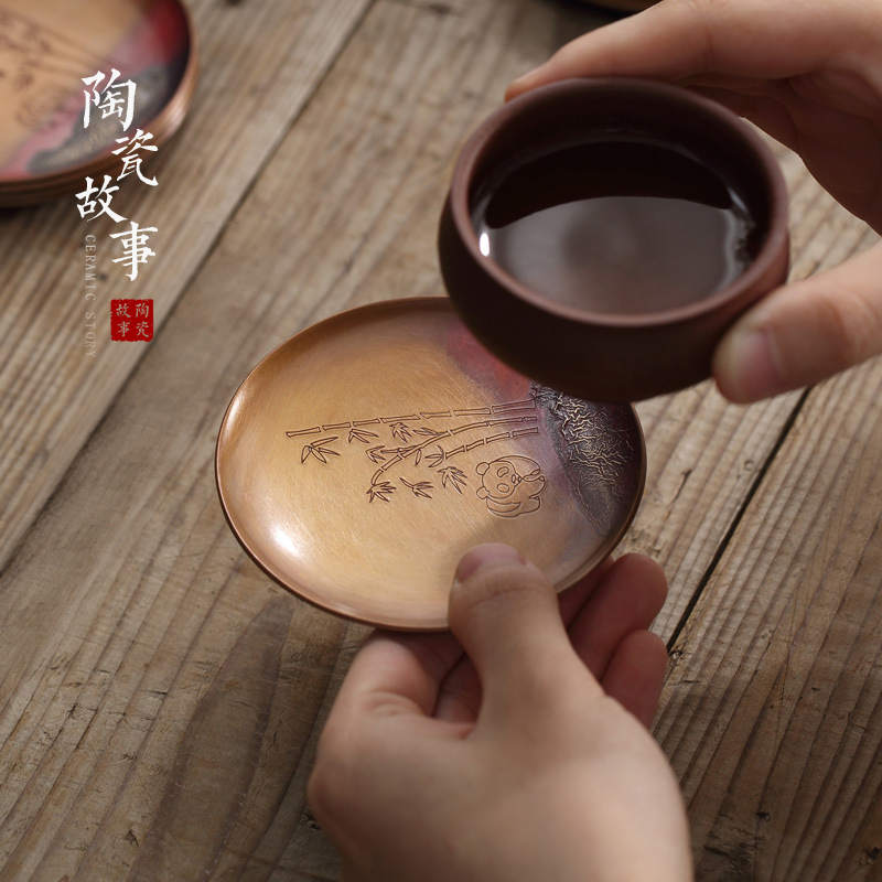 Ceramic story of pure copper mine loader silver cup mat checking retro zen Japanese cup insulation pad kung fu tea accessories