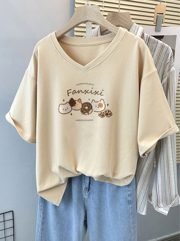 Pure Cotton V-Neck Short-Sleeve T-Shirt for Women, 2026 Summer New Style, American Retro, Plus Size, Loose Fit, Slimming, Age-Reducing Top for Plus-Size Women