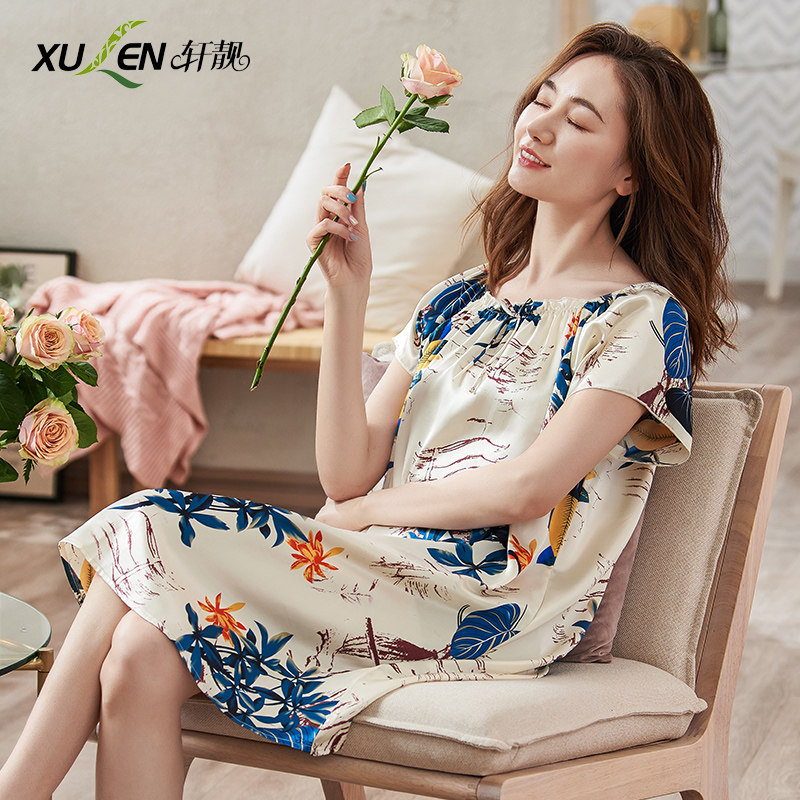 Ice silk nightgown ladies summer short sleeve pajamas women's summer thin model imitation silk size fat mm pajama skirt
