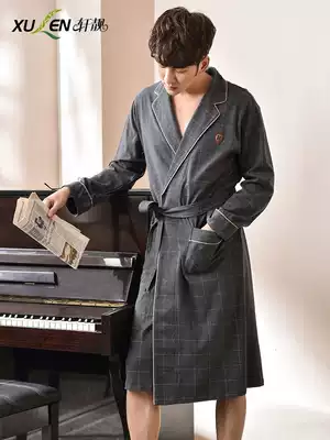 Pajamas male spring autumn cotton long sleeve gown cardigan casual plaid cotton bathrobe loose large size home clothing winter