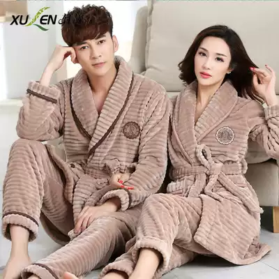 Autumn and winter long version thick warm flannel couple pajamas set men coral velvet ladies home clothes plus size