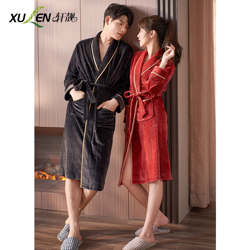 Couple sleeping robes for men and women autumn and winter thin island suede Warm Coral Suede Big Size size Home Thickened Bathrobe Morning Robe