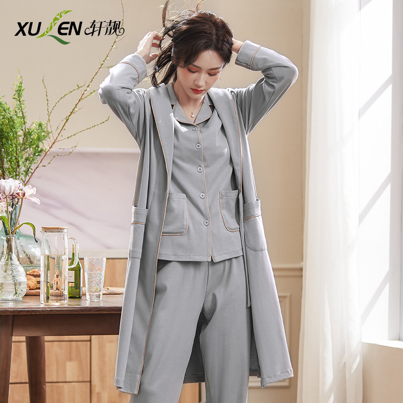Pure Cotton Sleeping Robe Lady Spring Autumn Style long version Japanese style bathrobes autumn and winter pyjamas thin three suit long sleeve stay-at-home clothes