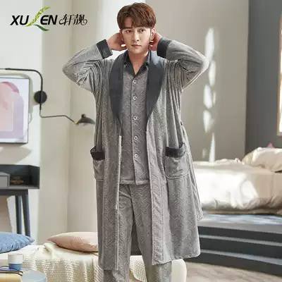 Men's autumn and winter long sleeves warm coral velvet pajamas long version Spring and Autumn Winter bathrobe home clothing three-piece set