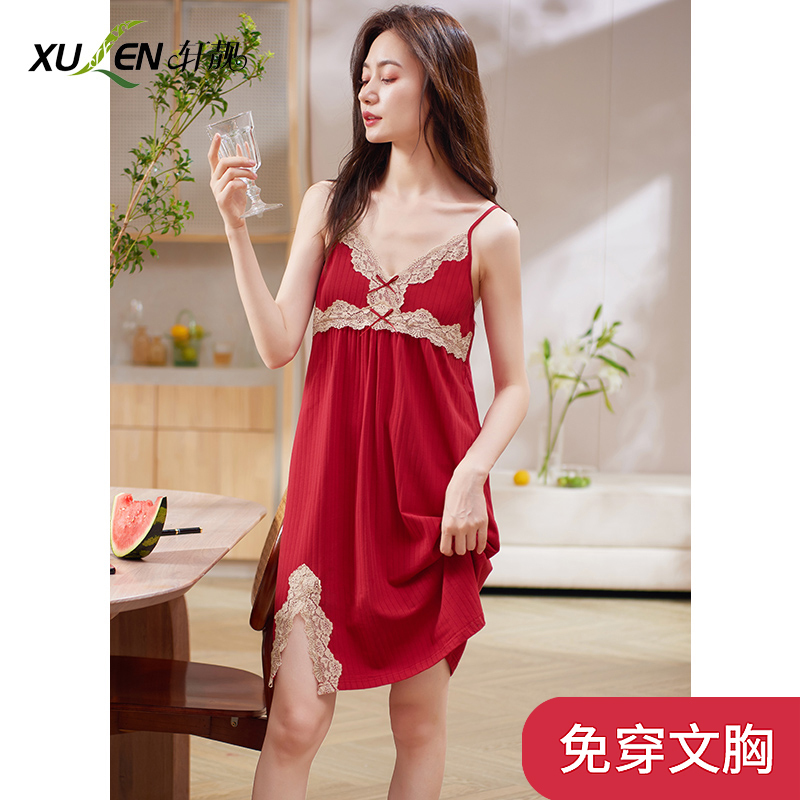 Red Sleeping Dress Lady Summer Thin pure cotton with chest cushion Sling Pyjamas sexy lace Home Suits Women's Dress
