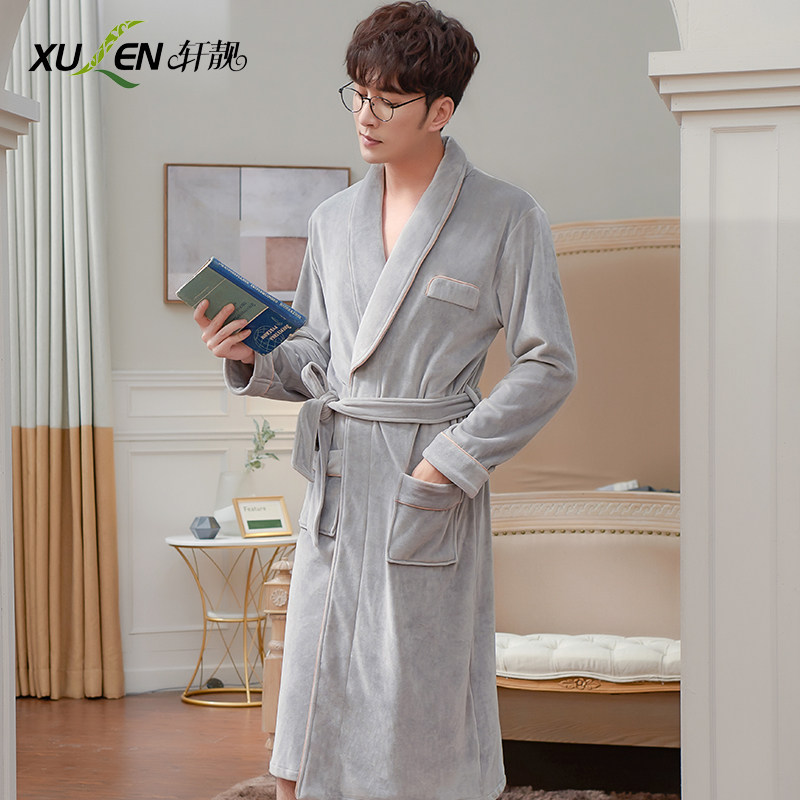 Sleeping Robe Men's Autumn Winter Island Suede Thickened Long Version Warm Ancient Wind Bathrobe Winter Great Size Coral Suede Slim Down Pyjamas