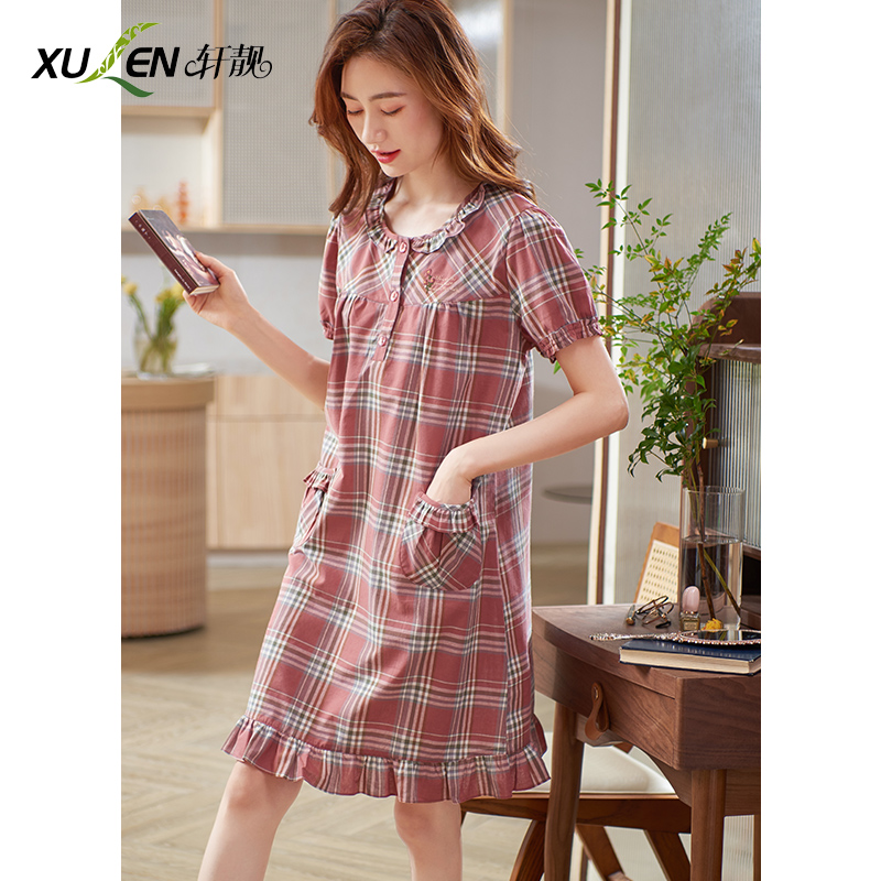 2022 new woven cotton nightdress ladies summer thin cotton short-sleeved dress homewear pajamas
