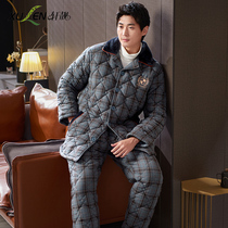 Mall style] pajamas mens winter thick woven cotton three-layer cotton jacket warm homewear two-piece set